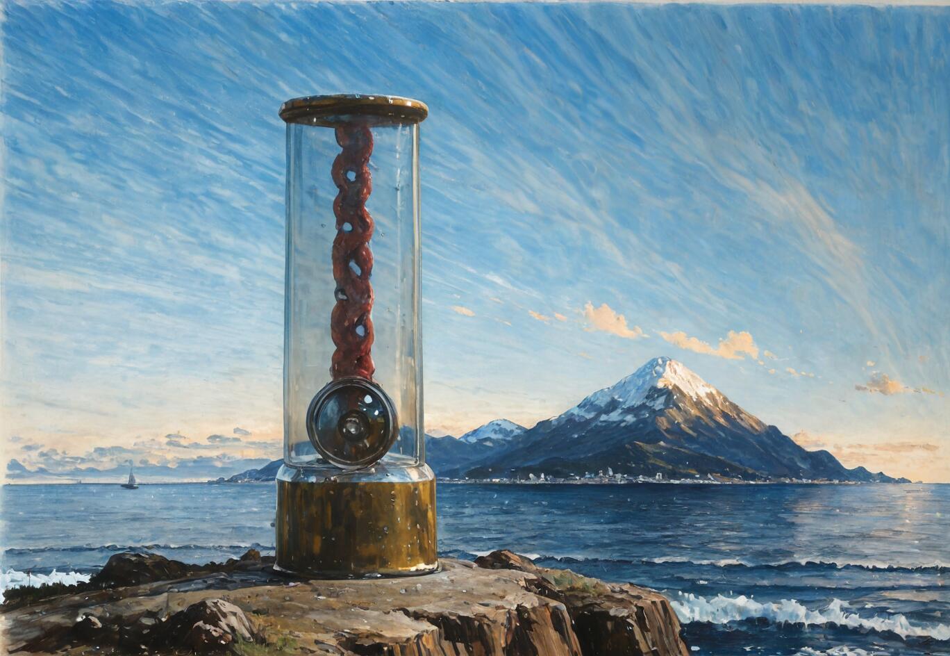 A realistic oil painting of a large glass and bronze cylinder on a rocky shoreline. Inside the cylinder is a strange, twisted red organic object. In the background is a vast ocean, a snow-capped mountain, and a blue sky with wispy clouds.