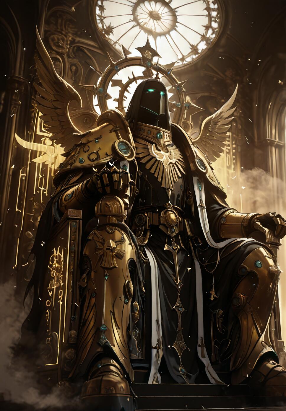 A heavily armored figure in ornate black and gold power armor with large wings sits on an elaborate gothic throne inside a dark cathedral, an artistic interpretation of the Emperor of Mankind from Warhammer 40k.