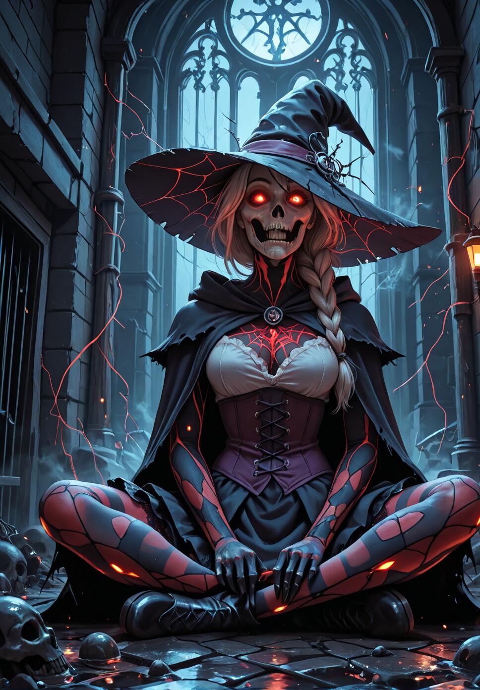 A skeletal witch with glowing red eyes and blonde braided hair sits cross-legged on a dark cobblestone street littered with skulls, surrounded by red magical energy in a gothic alley.