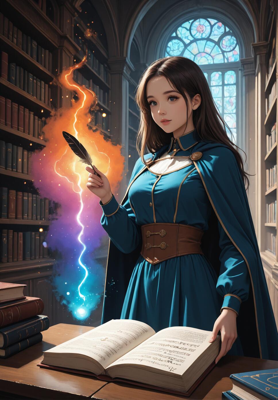 An anime-style illustration of a young sorceress with long brown hair, standing in a grand library. She holds a glowing quill pen that emits a colorful bolt of magical energy over a large, open book on a desk.
