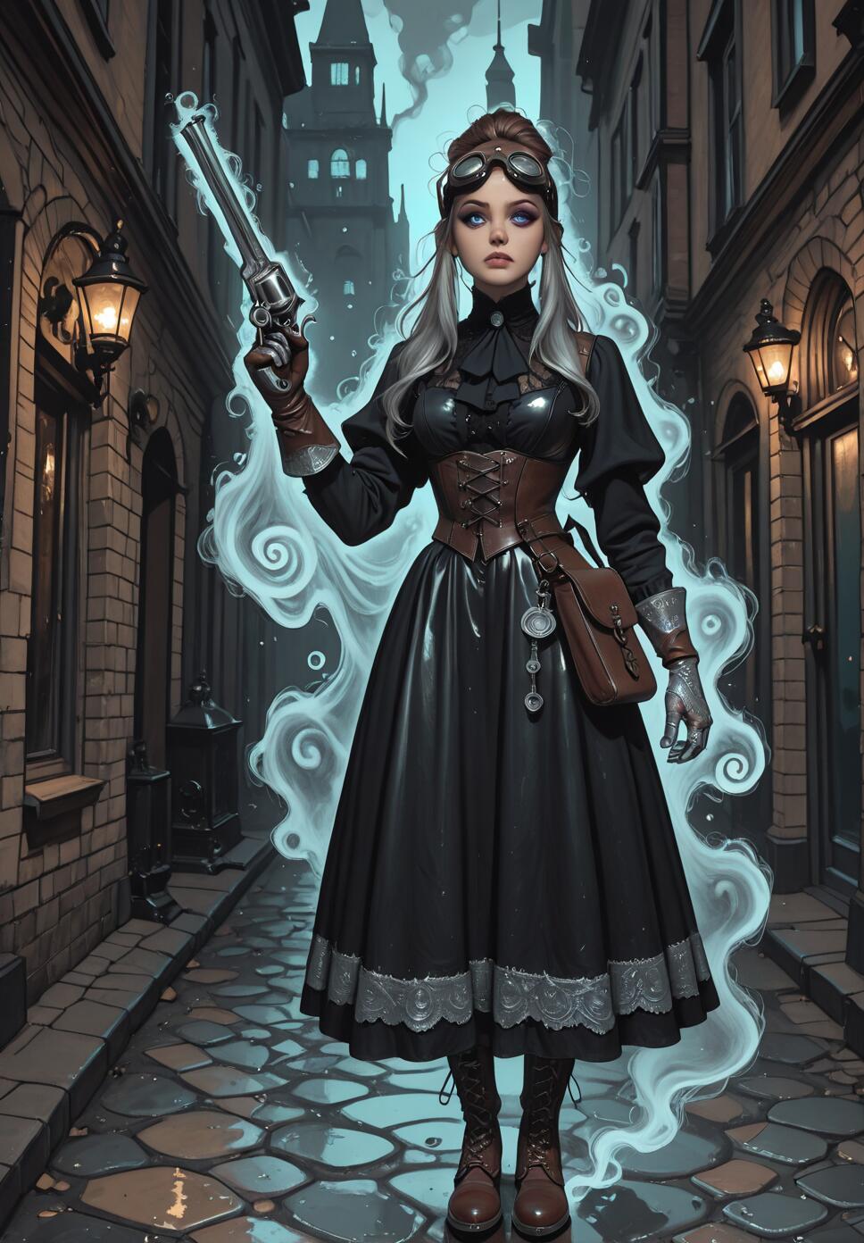 A full-body illustration of a woman in steampunk Victorian attire standing in a cobblestone alley. She wears a black dress, brown corset, and goggles, and holds a glowing revolver as ethereal white smoke swirls around her.