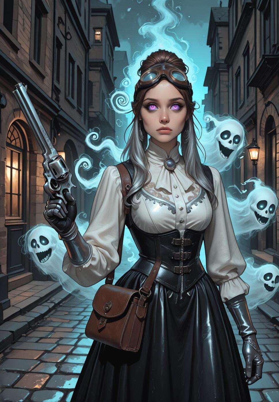A digital illustration of a female steampunk ghost hunter in a Victorian alley. She has violet eyes, wears goggles, a corset, and holds a revolver, surrounded by floating, cartoonish ghosts and a blue ethereal glow.