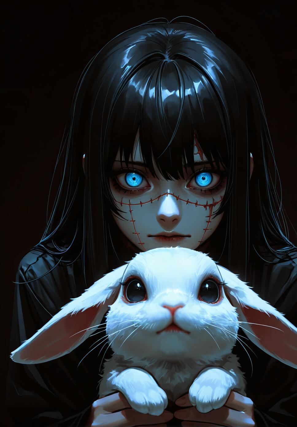 A dark anime-style illustration of a girl with black hair, glowing blue eyes, and stitches across her face, holding a small white rabbit against a black background.