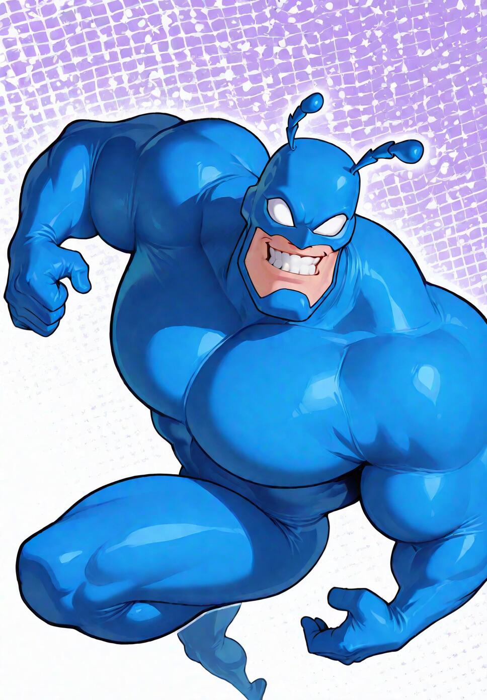 A full-body illustration of the superhero The Tick. He is a very muscular man in a tight-fitting blue suit with antennae on his head. He is grinning widely and posing in a dynamic fighting stance against a purple and white background.
