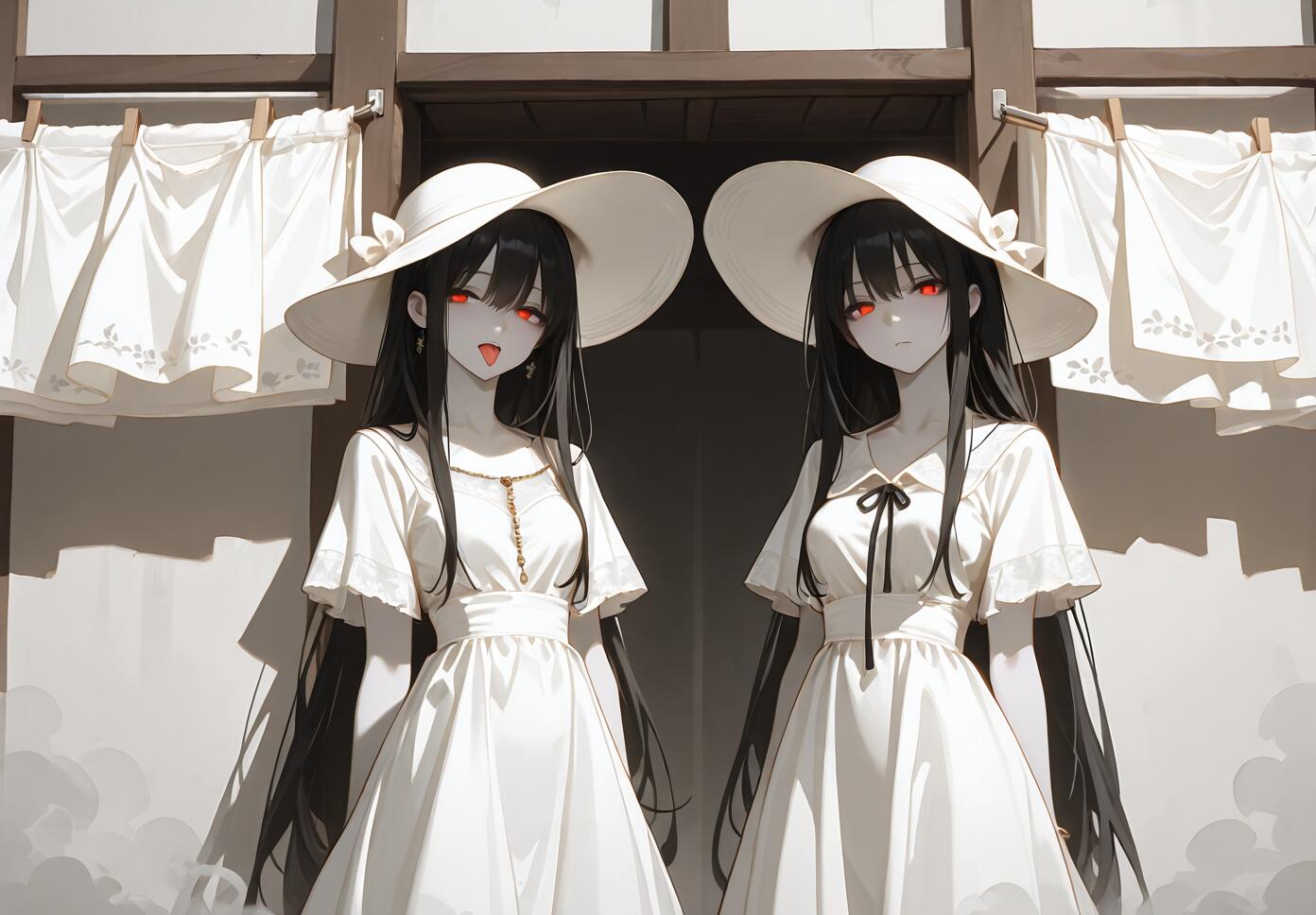 Two identical anime-style women with long black hair, pale skin, and glowing red eyes. They wear matching white dresses and sunhats, standing in front of a building with laundry hanging in the background.