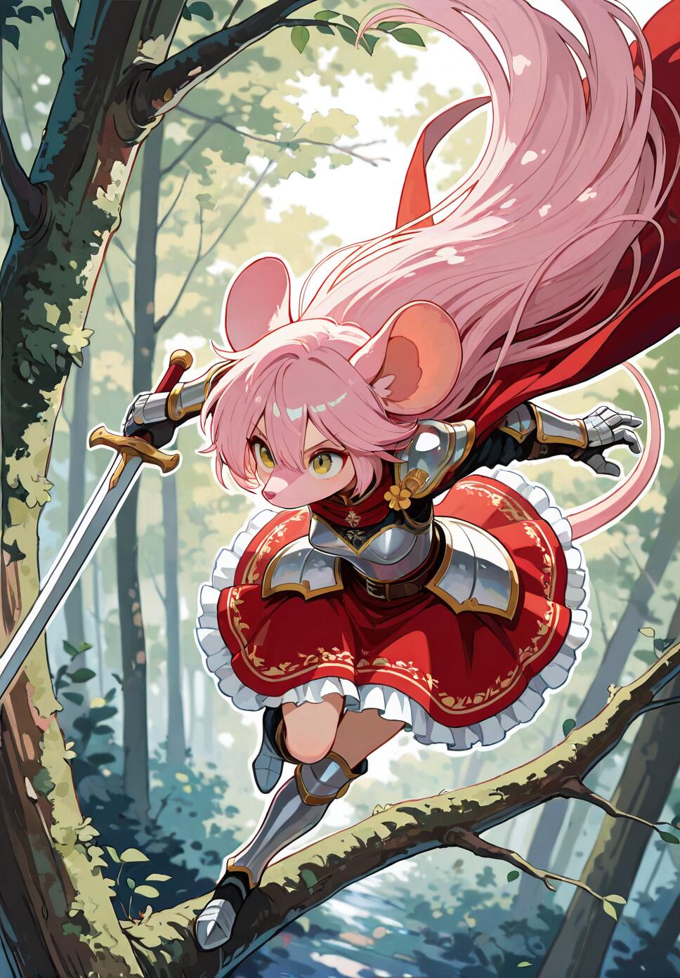 An anime-style illustration of a female mouse knight with long pink hair and a red cape, wearing silver armor and a red dress, as she jumps between tree branches in a forest while holding a sword.
