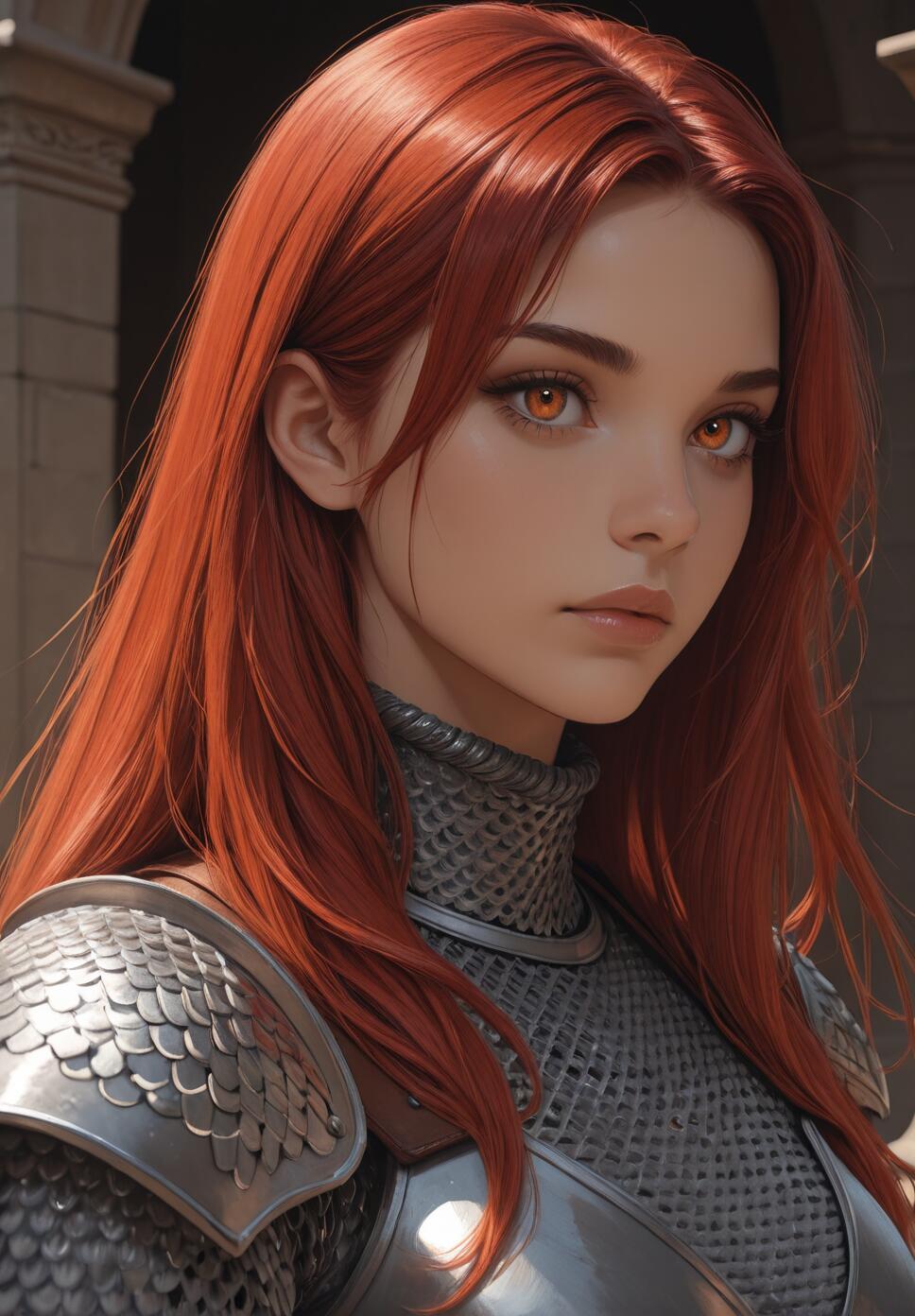A portrait of a beautiful young female knight with long, flowing red hair, striking amber eyes, and wearing detailed silver chainmail and plate armor.
