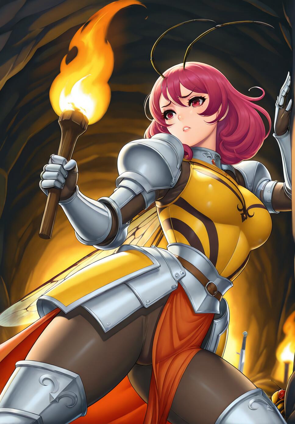 An anime-style female knight with pink hair, bee wings, and antennae, wearing yellow and black striped armor. She stands in a dark cave holding a flaming torch, looking upwards with a concerned expression.