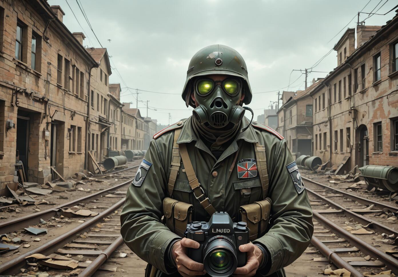 A soldier in a helmet and gas mask with glowing green lenses holds a camera while standing on railroad tracks in a ruined, desolate city street.