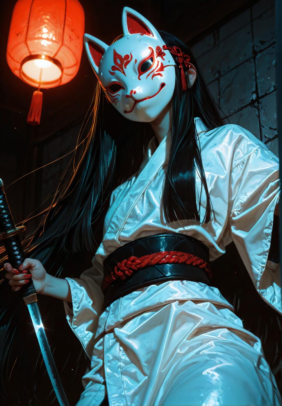 A woman with long black hair wearing a white kimono and a traditional Japanese white fox mask holds a short sword. A red paper lantern hangs glowing in the dark, moody background.
