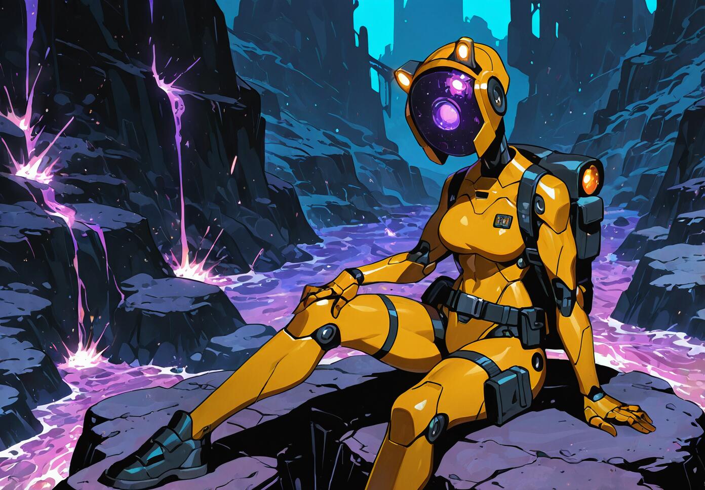 A yellow, female-presenting robot with a purple cosmic-patterned helmet sits on a rock ledge overlooking a glowing purple river in a dark, alien canyon.