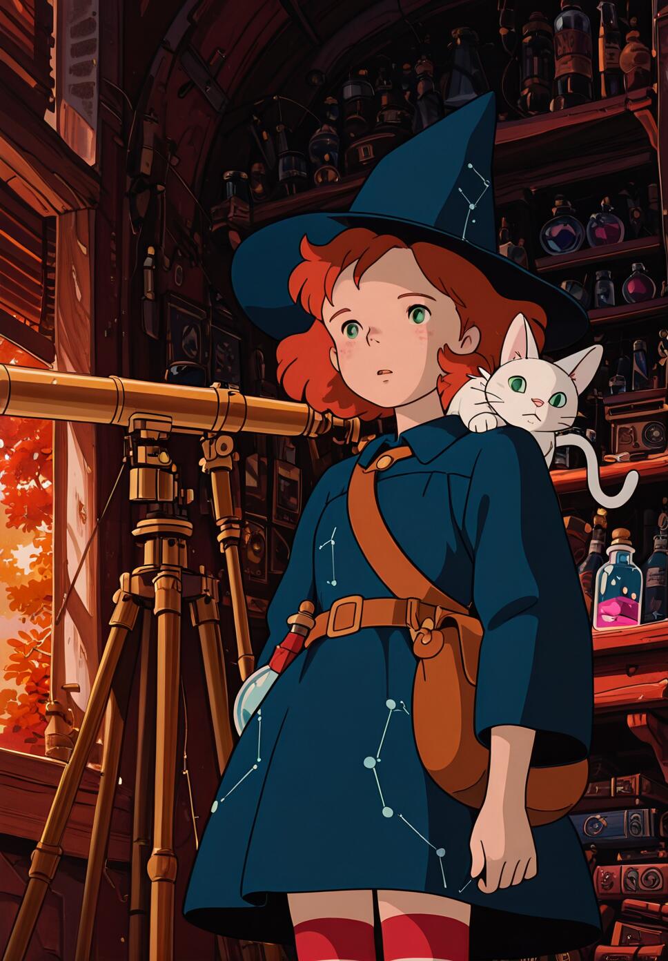 An anime-style illustration of a young witch with red hair and a blue hat standing in a study next to a large telescope, with a white cat resting on her shoulder.