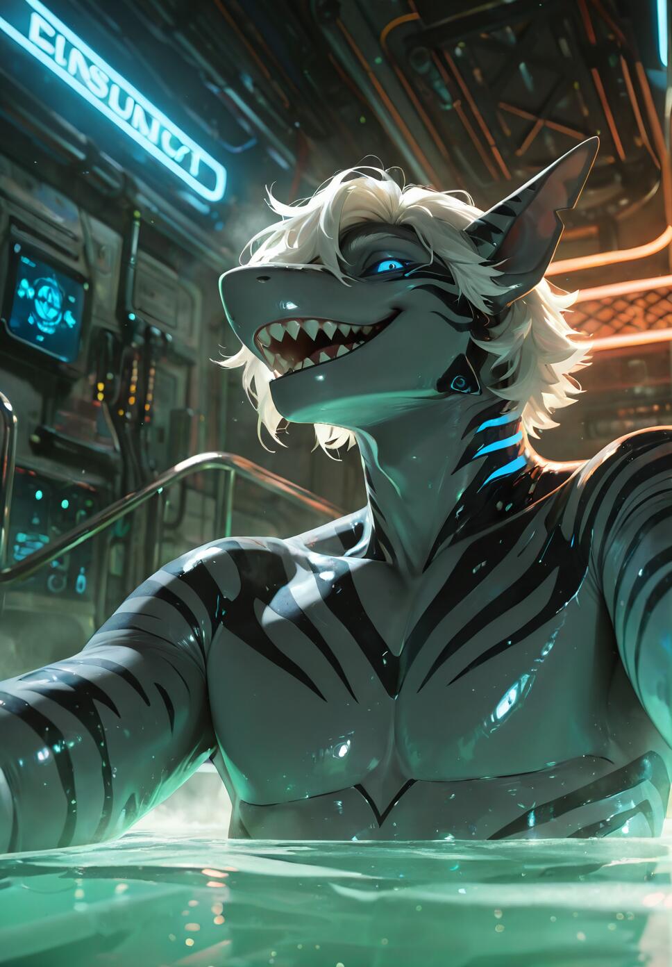 An illustration of the anthropomorphic Tiger Shark from the game 'Changed', a muscular male character with grey skin, black stripes, and white hair, smiling confidently while submerged to his chest in a pool within a futuristic sci-fi laboratory.