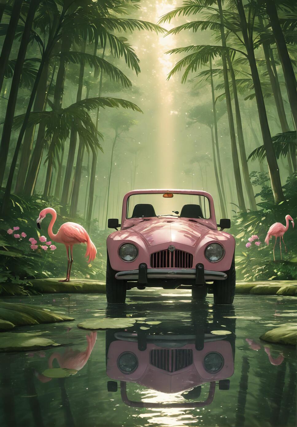 A front-facing view of a vintage pink convertible parked in the water of a lush, green jungle. A large pink flamingo stands to the left of the car, and a smaller one is on the right. A bright beam of light shines down from the sky through the tall palm trees, and the car's reflection is clearly visible in the water.