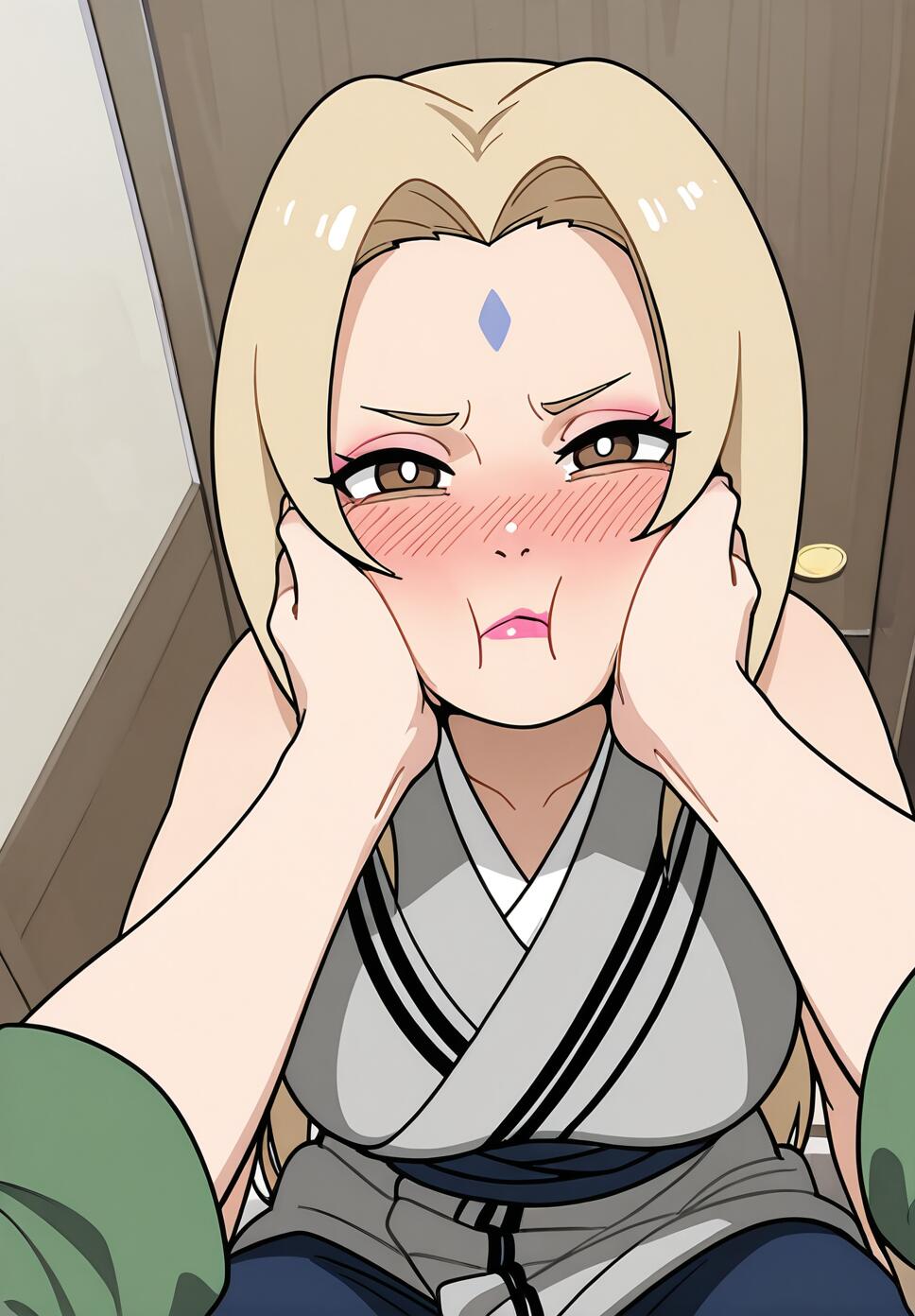 An anime-style illustration of Tsunade from Naruto with her cheeks being squeezed, causing her to blush and make a pouty face from a first-person perspective.