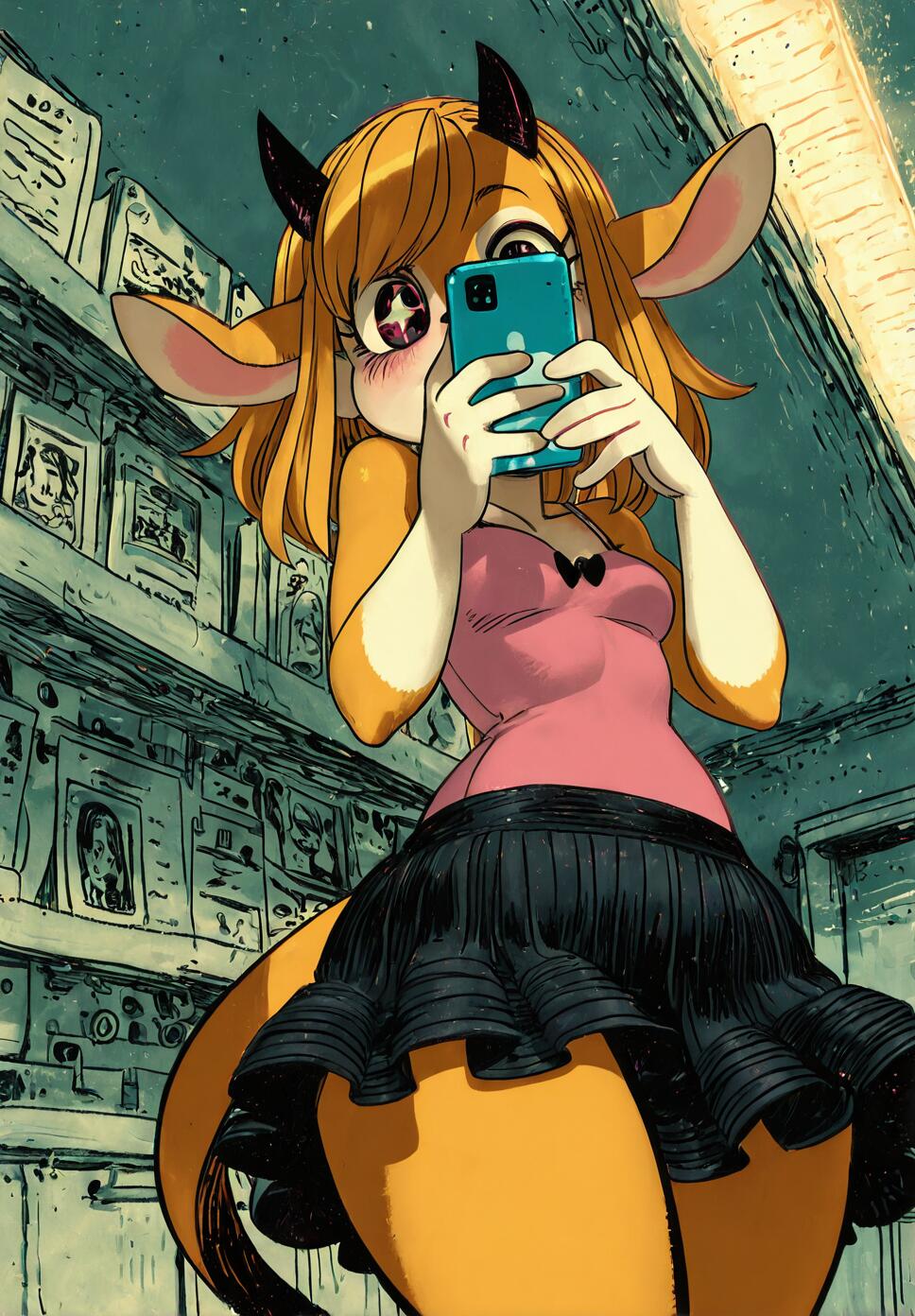 A low-angle illustration of Tsunoda from Aggretsuko, an anthropomorphic gazelle with orange fur and small horns. She is taking a selfie with a teal smartphone while wearing a pink top and black skirt in an office.