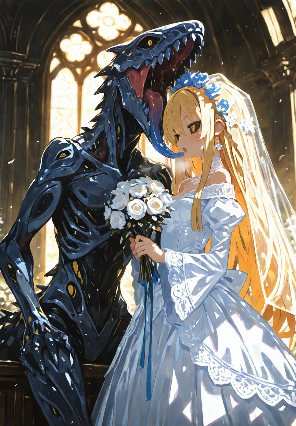 An anime-style illustration of a blonde woman in a wedding dress standing next to a large, black reptilian monster with a long blue tongue inside a cathedral.