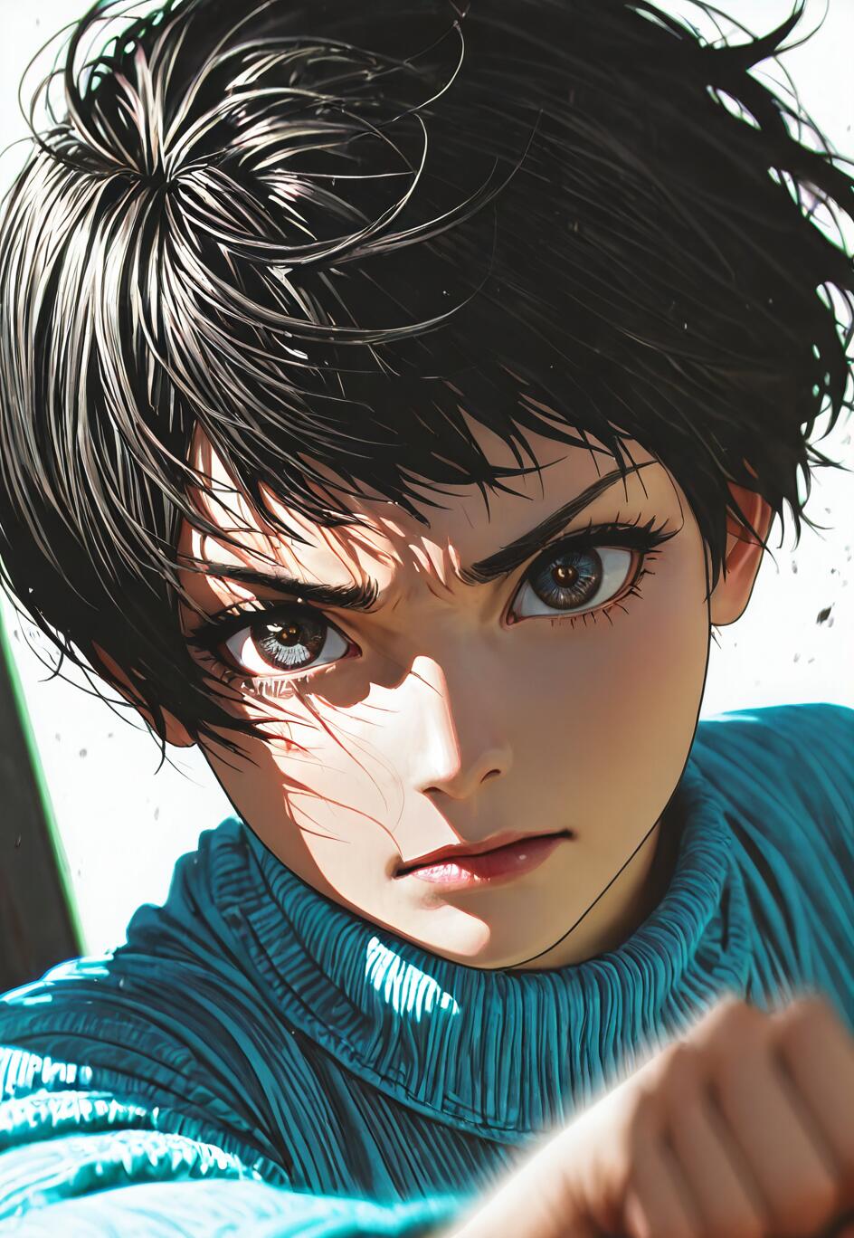 A close-up illustration of a young woman with short black hair and a fierce, determined expression, wearing a blue turtleneck and punching towards the camera.