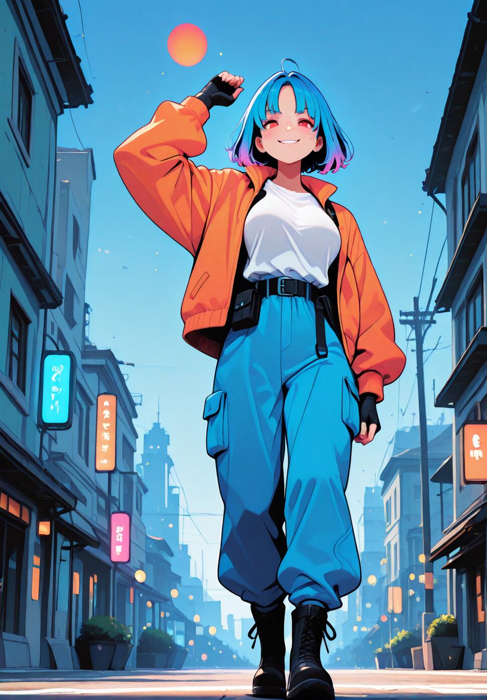 Full-body illustration of a young anime woman with short blue and pink hair and red eyes, walking confidently down a city street. She is wearing an orange jacket, white shirt, blue cargo pants, and black boots.