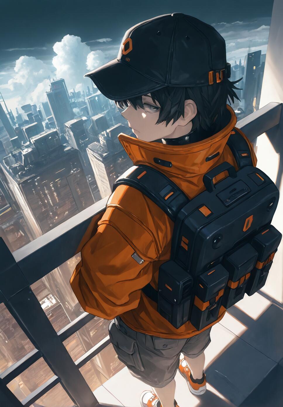 An anime-style illustration of a young man in an orange jacket, black cap, and a tactical backpack, standing on a skyscraper and looking back over his shoulder at a futuristic city below.