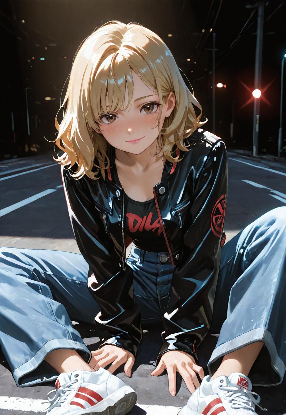 A stylish anime girl with blonde hair and a black leather jacket sitting in the middle of a street at night, smiling gently at the viewer.