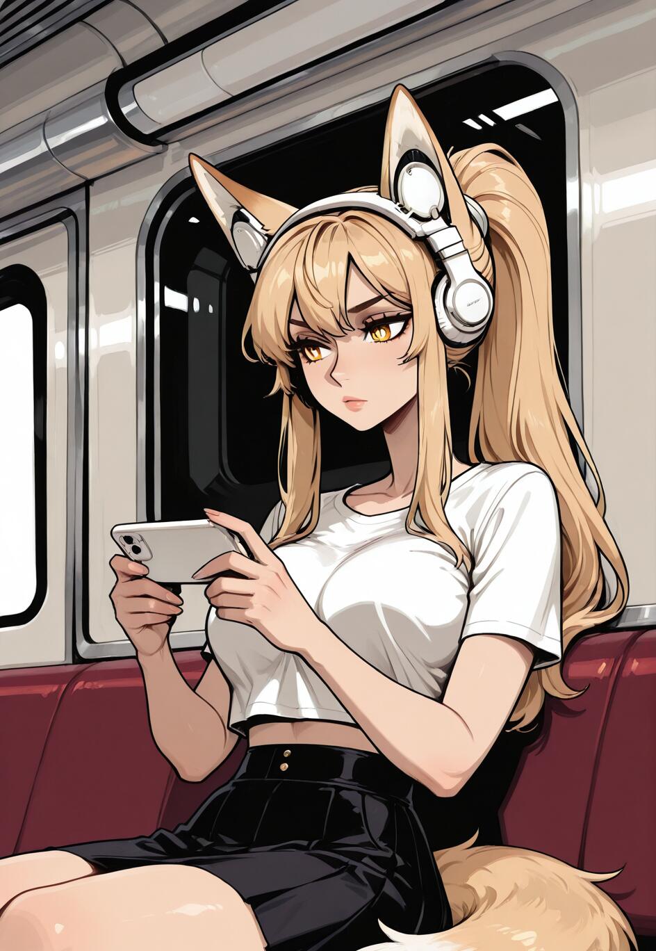 An anime illustration of a young woman with blonde hair in a ponytail, fox ears, and a fox tail, sitting on a subway train. She is wearing white headphones and a crop top, looking at her smartphone.
