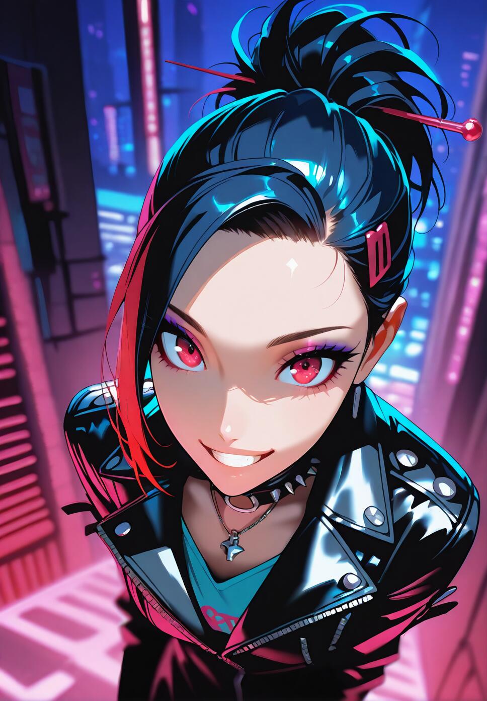 A stylish anime girl with black and red hair in a bun, wearing a black leather jacket and a choker, grins confidently in a neon-lit city at night.