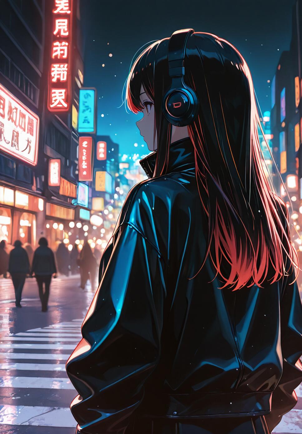 An anime girl with long black and red hair stands from behind on a neon-lit Tokyo street at night, wearing a black leather jacket and headphones.