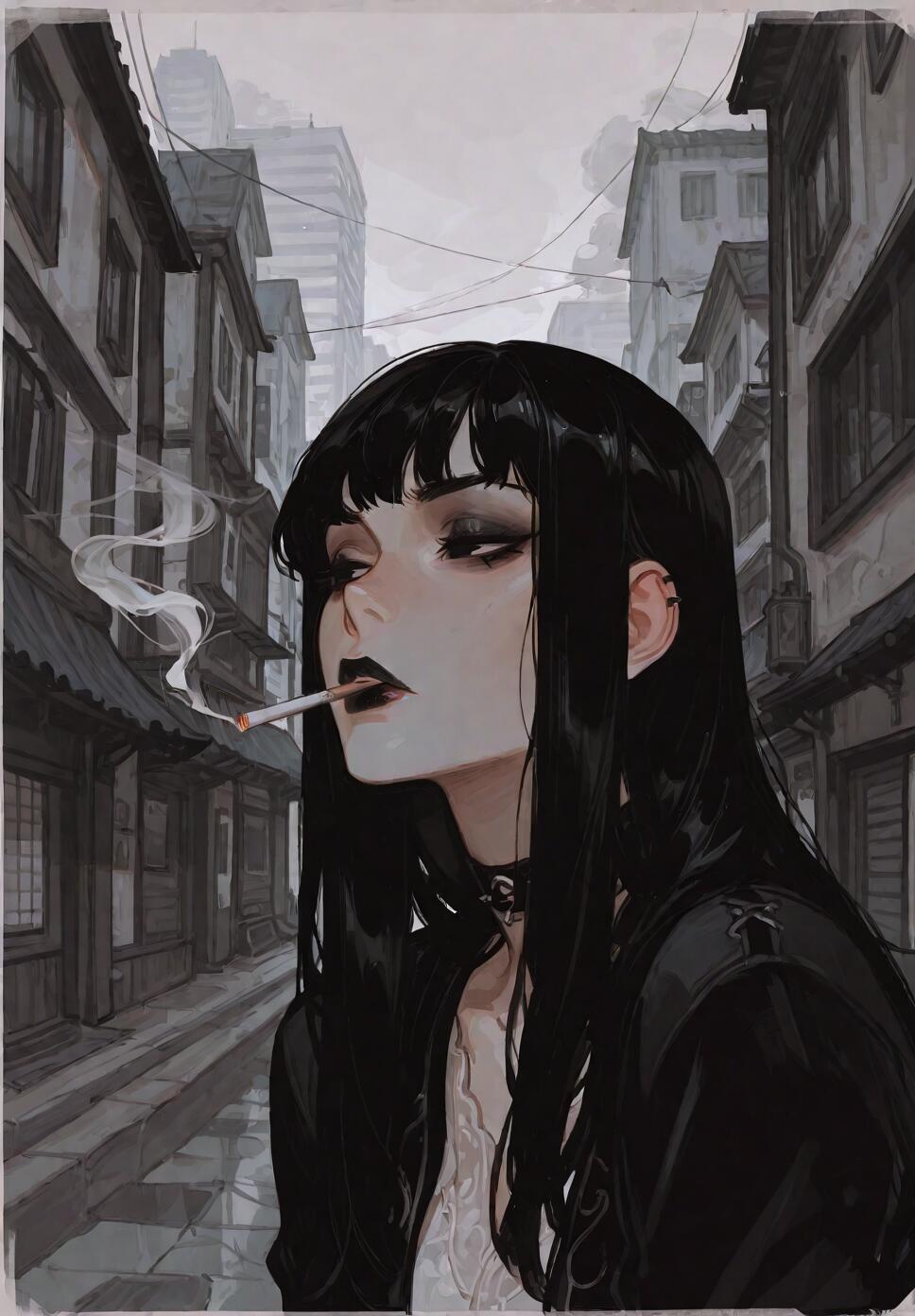 A digital illustration of a goth girl with long black hair and dark makeup smoking a cigarette in a grayscale city alley.