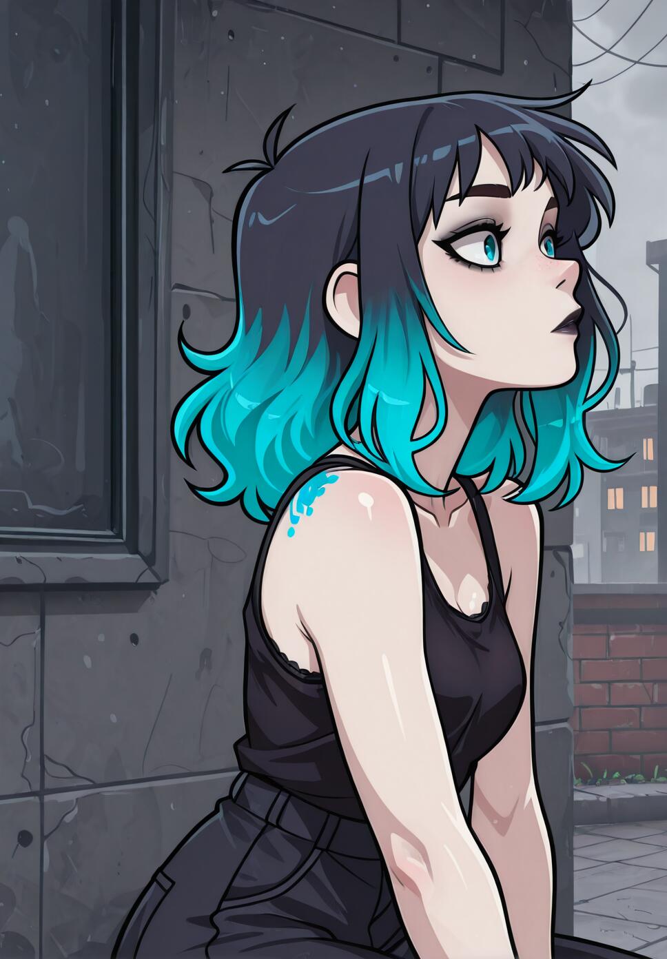 An illustration of a young woman named Raelyn with short black and cyan gradient hair. She is sitting in a pensive side-profile pose in an urban setting, wearing a black tank top and dark pants.