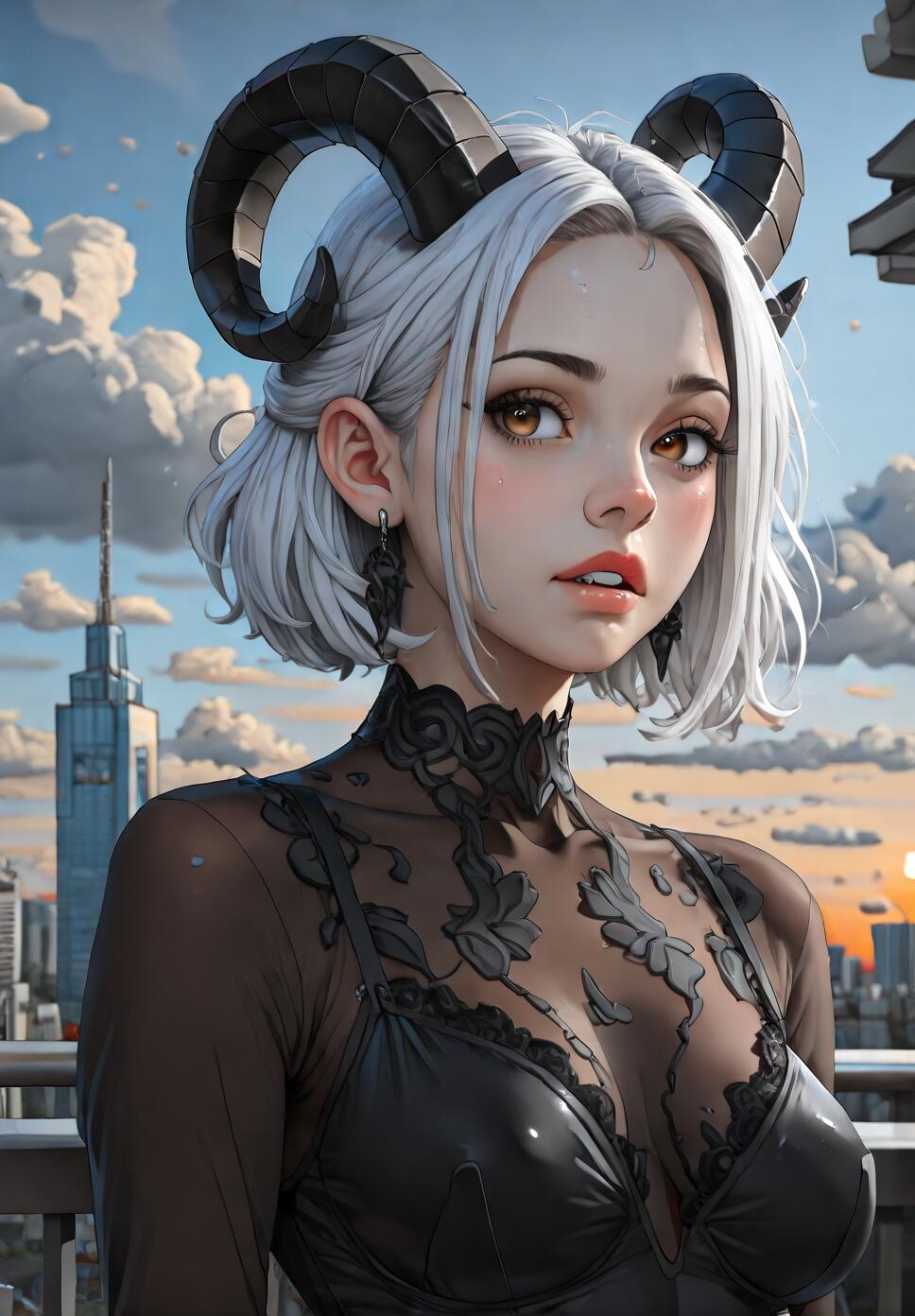 A digital portrait of a young woman with short white hair and large black ram horns, looking over her shoulder at the viewer. She is wearing an intricate black lace and leather outfit and stands on a balcony against a cityscape at sunset.