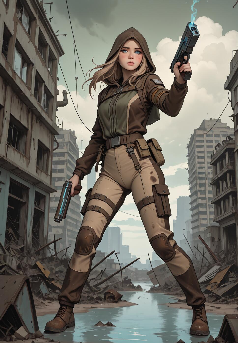 Full-body digital illustration of a young blonde woman in a hooded tactical suit, holding two pistols while standing in the middle of a ruined and flooded city.