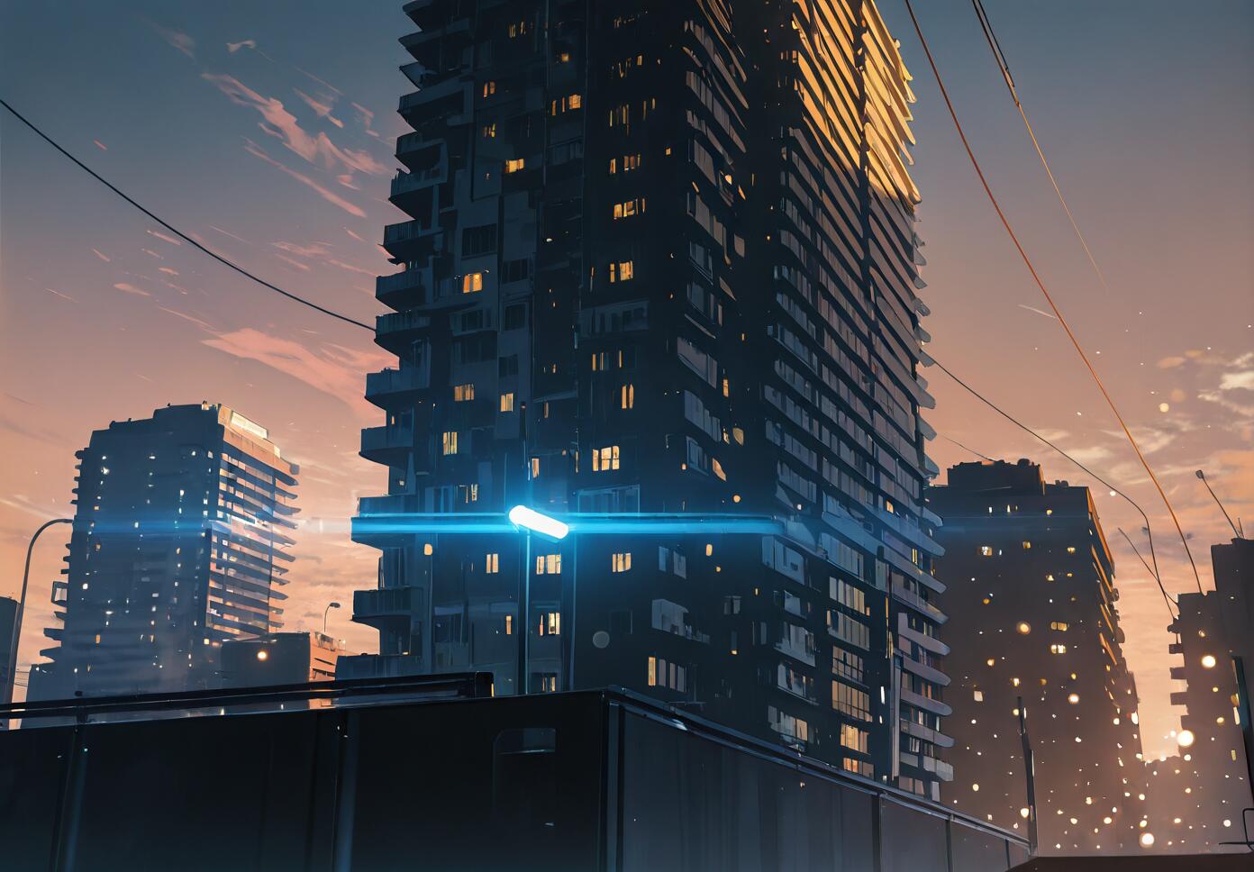 A low-angle shot of tall, modern city buildings against a warm-toned sunrise sky, with a prominent blue lens flare from a street light in the foreground.