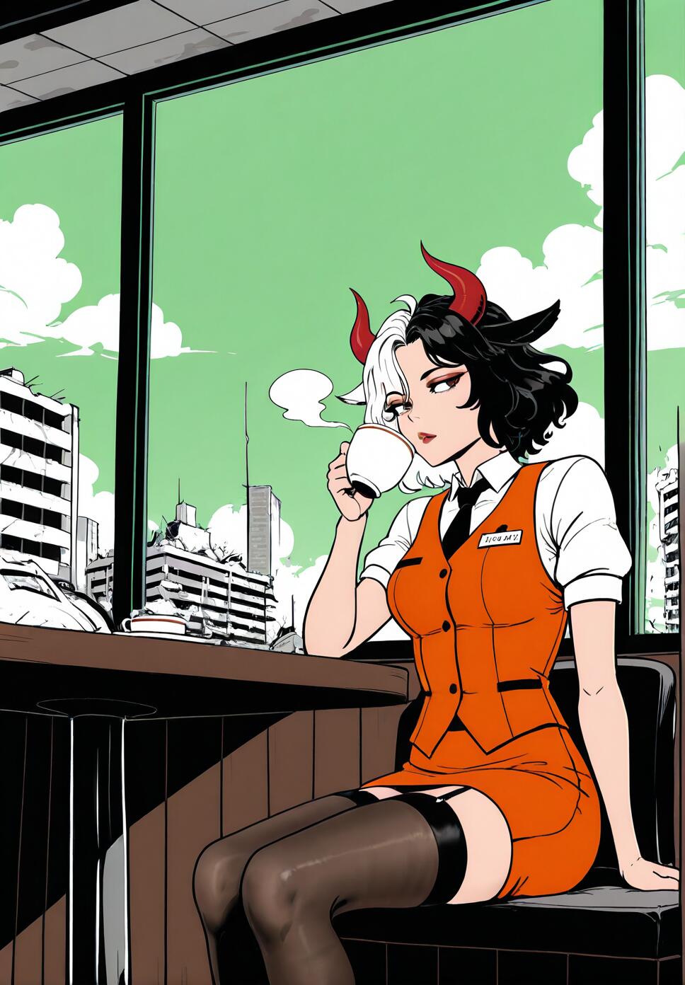 An illustration of the VTuber Ushizaki Urumi, a girl with split black-and-white hair and red horns, sitting in a cafe. She wears an orange waitress uniform and black stockings while drinking coffee, looking out a window at a ruined city under a green sky.