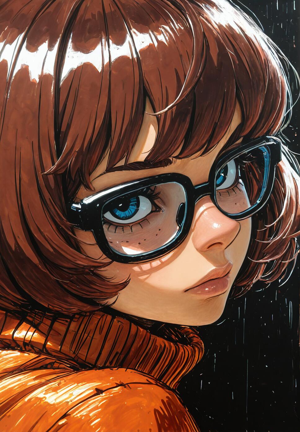 A close-up artistic illustration of Velma Dinkley from Scooby-Doo, looking directly at the viewer over her shoulder. She wears her iconic thick black glasses and an orange turtleneck, with a serious expression against a dark, rainy background.