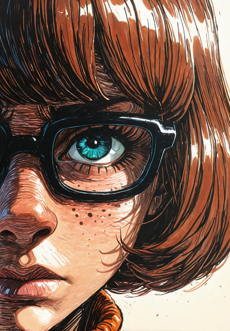 A close-up, comic-style illustration of Velma from Scooby-Doo. The focus is on her right eye, which is a vibrant blue-green, seen through her thick black glasses. She has a brown bob haircut and freckles across her nose and cheeks.