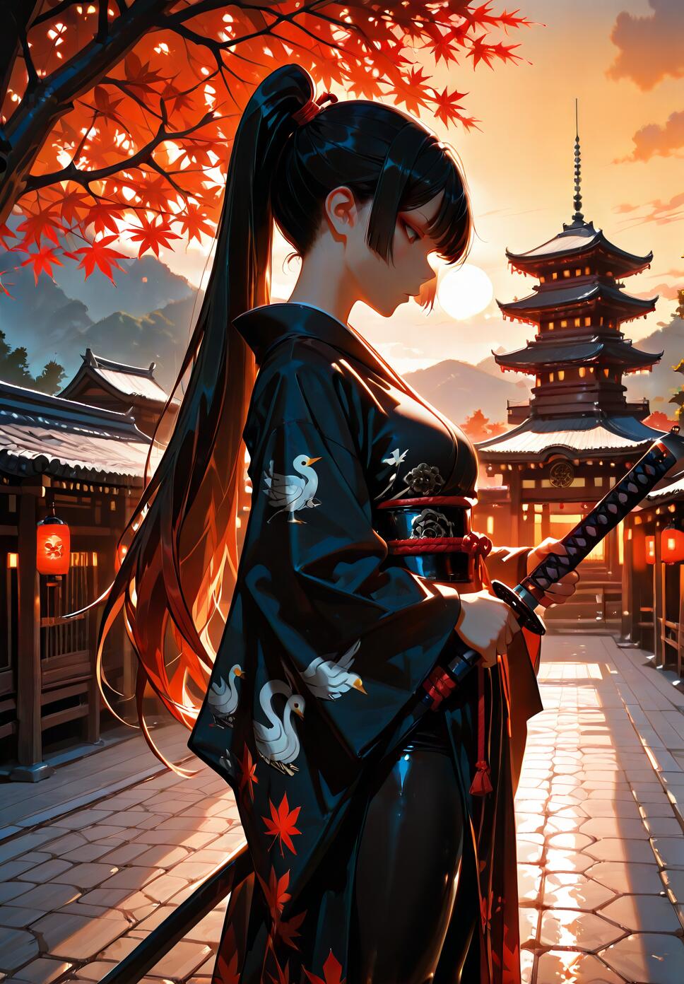 An anime-style illustration of a woman with a long black ponytail in a black kimono holding a katana. She stands on a stone path in a traditional Japanese village at sunset, with red maple leaves overhead and a pagoda in the distance.