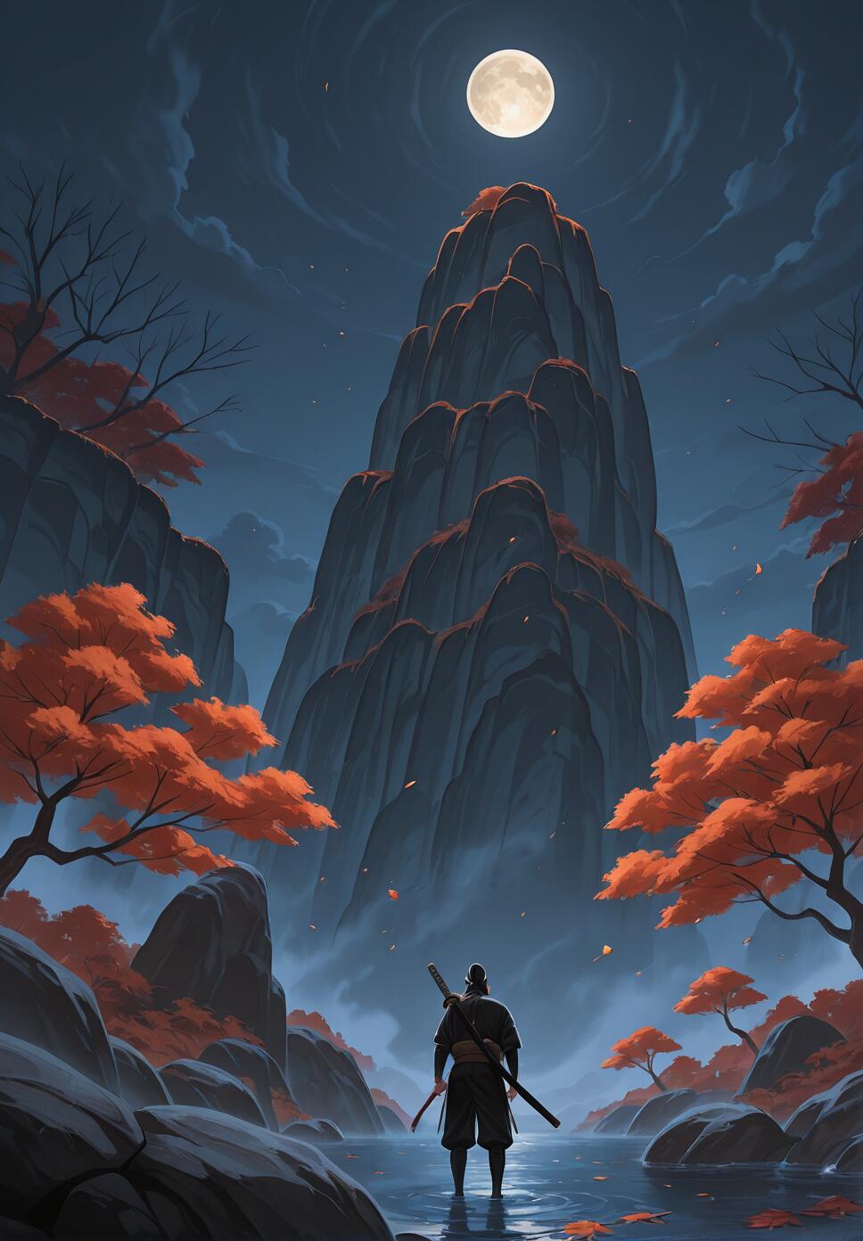 A samurai warrior seen from behind, holding two katanas, stands in a river at night looking up at a towering mountain under a full moon. The landscape is filled with trees bearing bright orange autumn leaves.