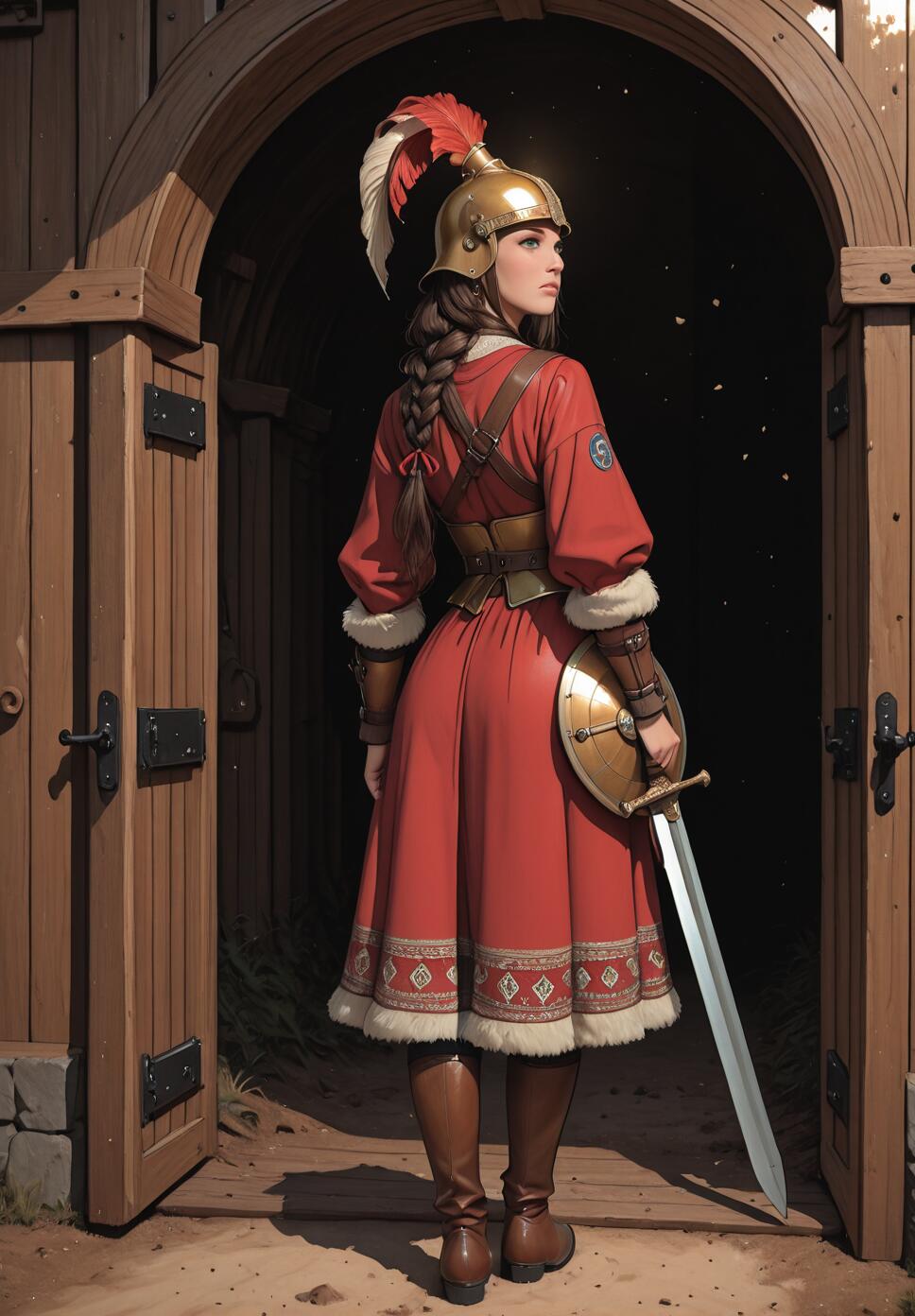 A female warrior with long braided hair, wearing a red dress, golden helmet, and armor, stands with her back mostly to the viewer at the open wooden gate of a fortress, holding a sword and shield.