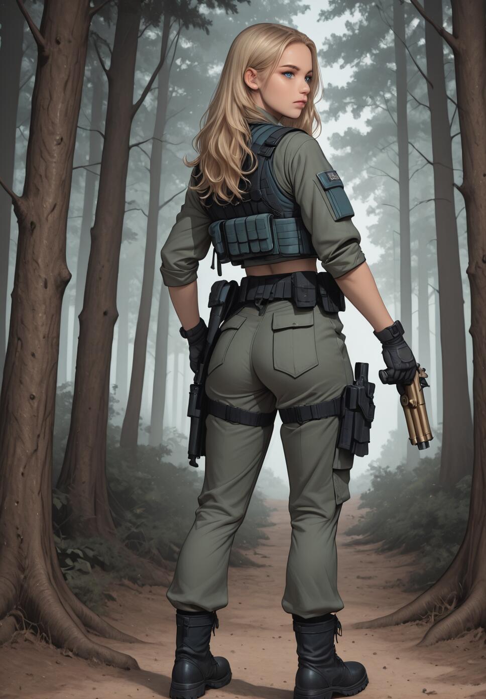 A full-body illustration of a blonde female soldier in a green tactical uniform and armored vest, standing on a forest path and looking over her shoulder while holding a golden pistol.