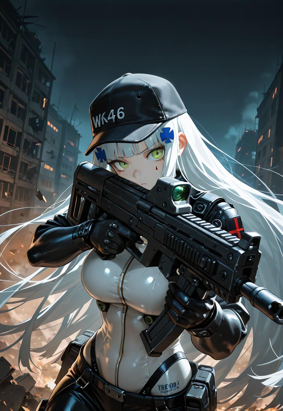An anime character, HK416 from Girls' Frontline, with long white hair and green eyes, aiming a large black rifle in a destroyed city at night. She is wearing a black baseball cap, black gloves, and a white and black tactical suit.