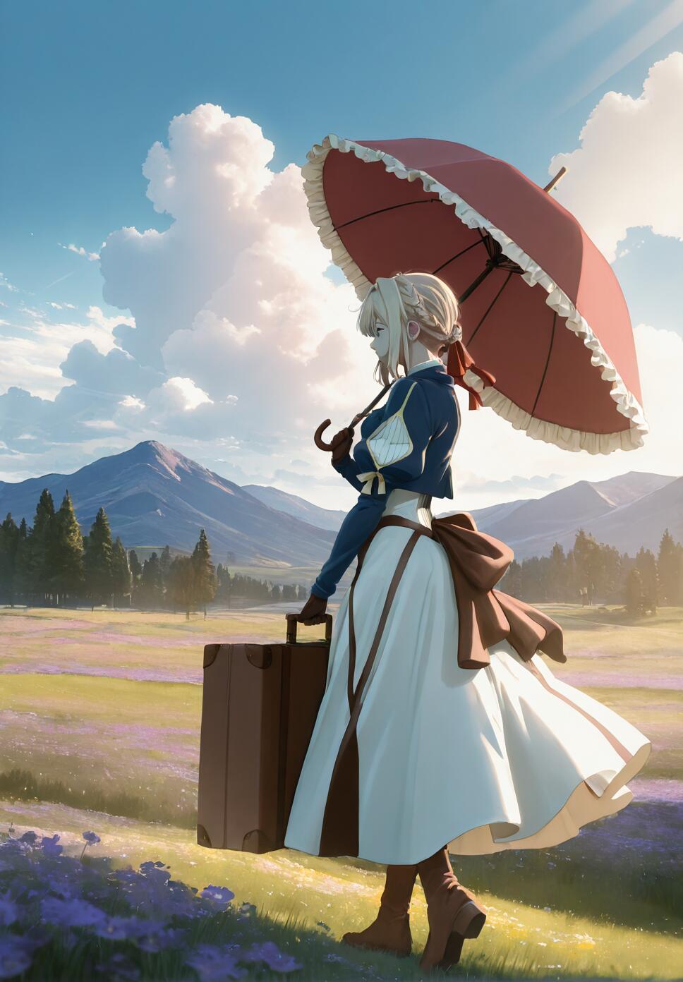 Violet Evergarden, a young woman with blonde hair, stands in a field of purple flowers holding a brown suitcase and a red parasol. She is looking towards a distant mountain range under a blue sky.