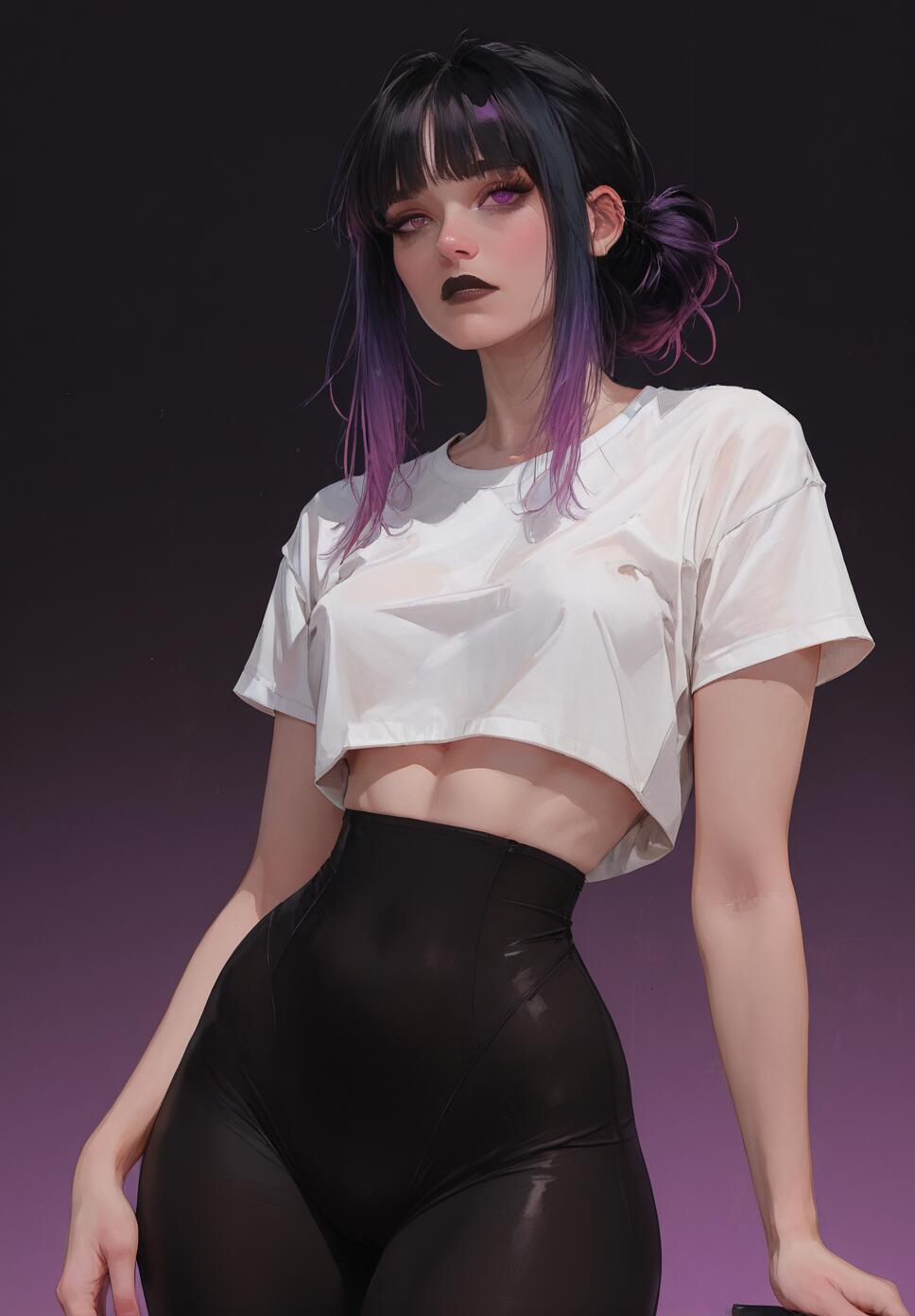 A digital illustration of a woman with black and purple hair and purple eyes. She wears a white crop top and shiny black high-waisted leggings, posing against a dark purple background.