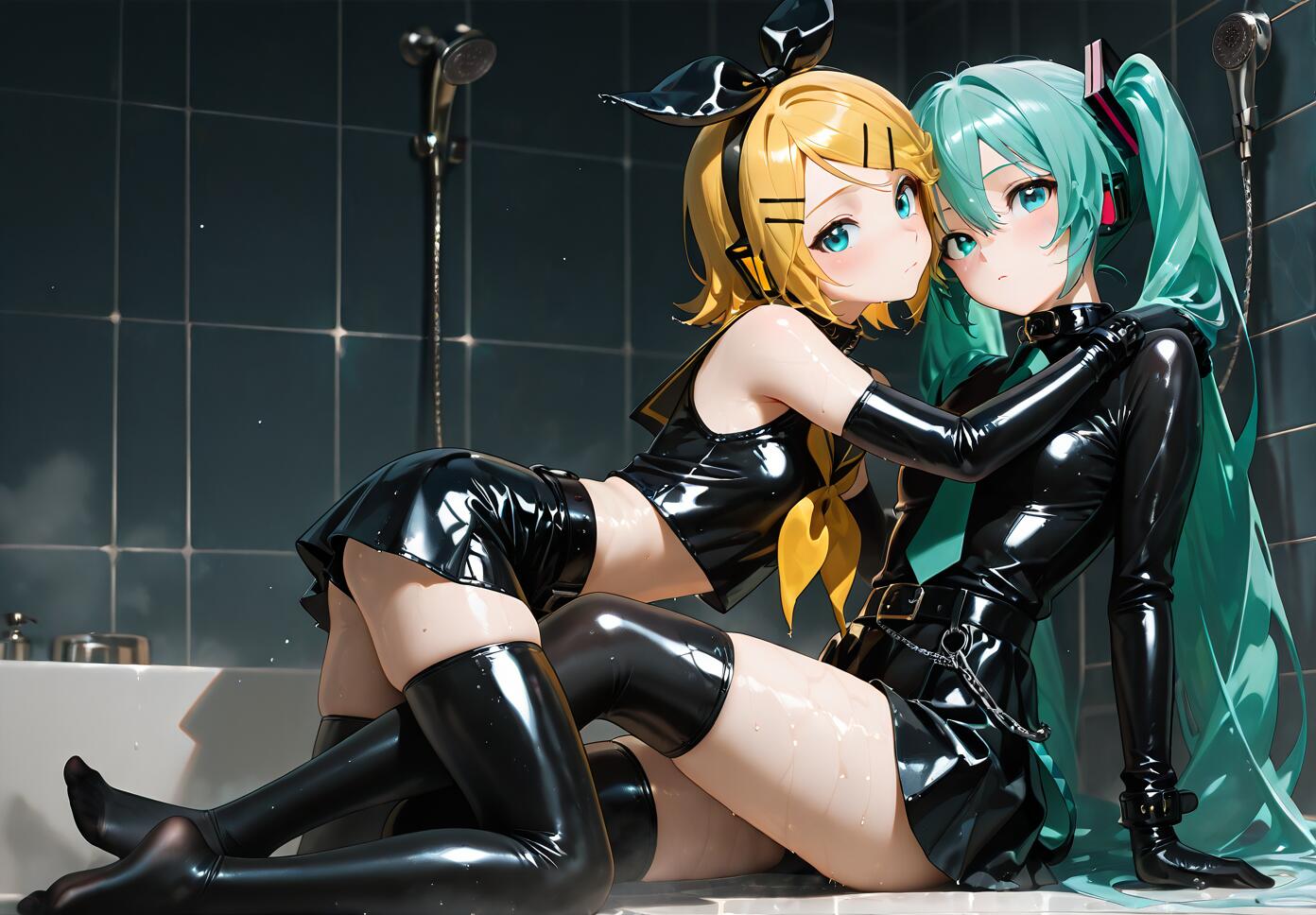 Vocaloid characters Kagamine Rin (blonde hair) and Hatsune Miku (turquoise hair) posing intimately in a shower. They are both wearing shiny, wet, black latex outfits consisting of tops, skirts, gloves, and thigh-highs.