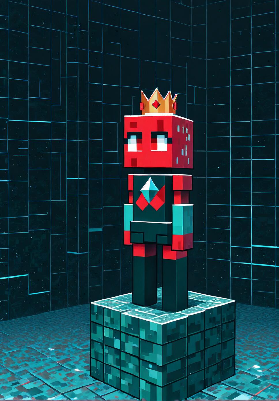 A 3D voxel art character representing Princess Piña Co Lada from the anime 'Gate'. She has a red blocky head, a golden crown, stylized eyes, and is standing on a pedestal made of teal blocks in a dark room with a blue grid pattern.