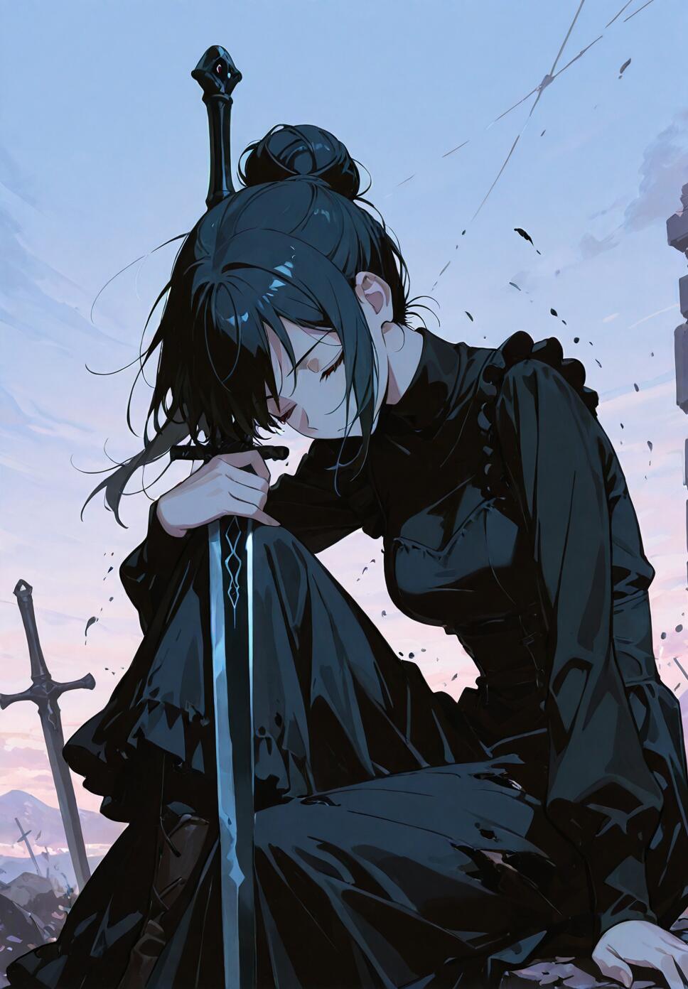 An anime-style illustration of a young woman with black hair in a bun, sitting on a battlefield at dawn. She is wearing a long black dress and holding a large black sword planted in the ground, her head bowed and eyes closed.