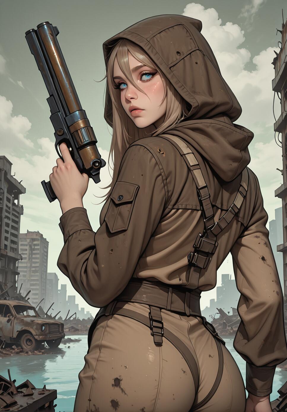 An anime-style illustration of a young woman with blonde hair and blue eyes in a hooded khaki tactical suit, looking back over her shoulder while holding a large shotgun in a flooded, ruined city.