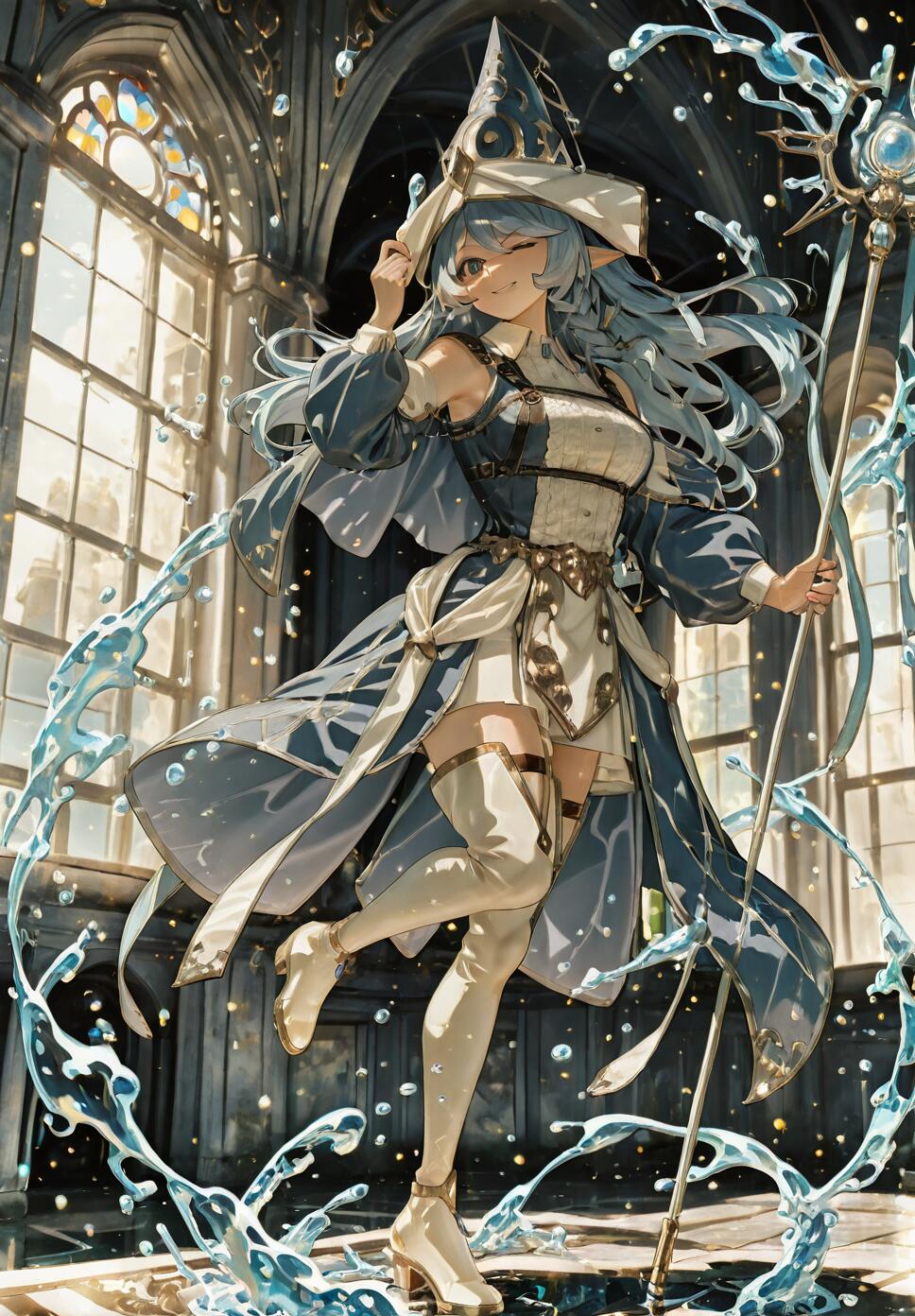 Full-body artwork of Water Enchantress of the Temple from Yu-Gi-Oh!, an elf-like girl with blue hair in a witch outfit, winking and casting a water spell with her staff inside a temple with large windows.