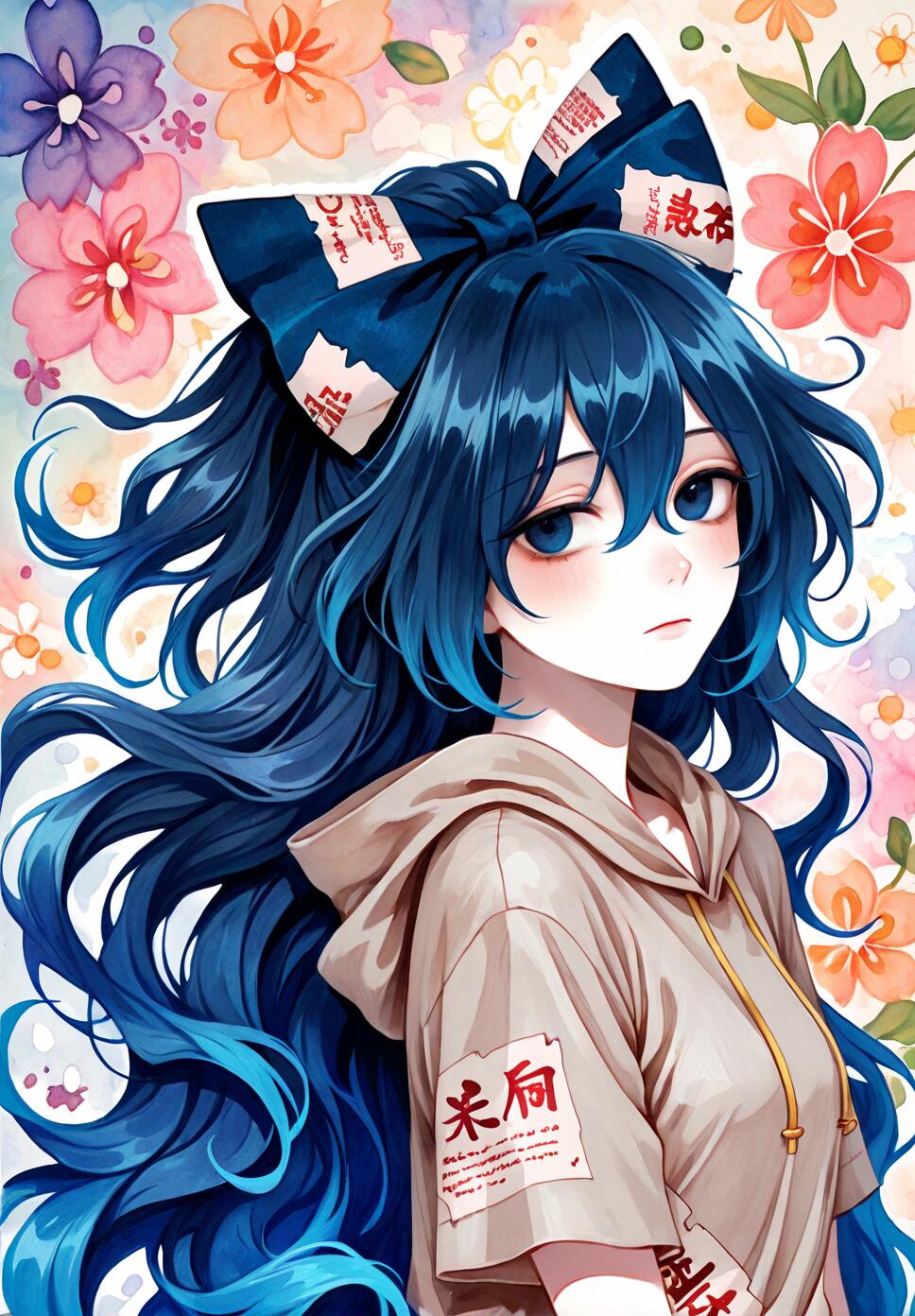 An anime-style illustration of Yorigami Shion, a girl with long, vibrant blue hair and a large blue bow, wearing a beige hoodie against a colorful watercolor background of flowers.