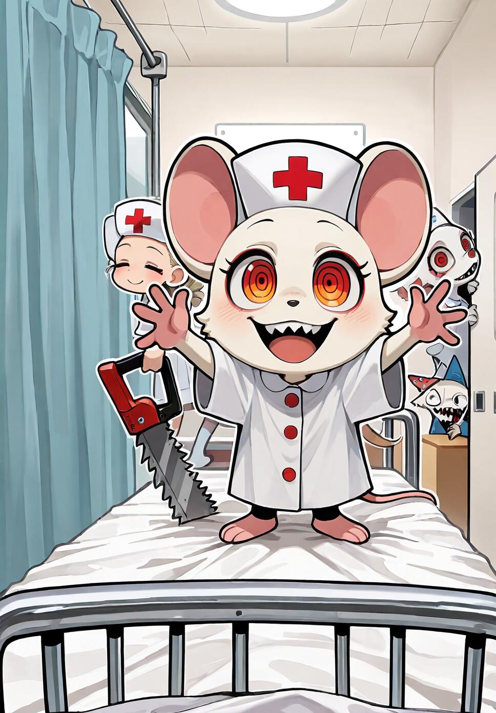 An anime illustration of a crazed white mouse nurse with spiral eyes and a wide smile standing on a hospital bed. In the background, another nurse holds a saw and two monstrous creatures peer from a doorway.